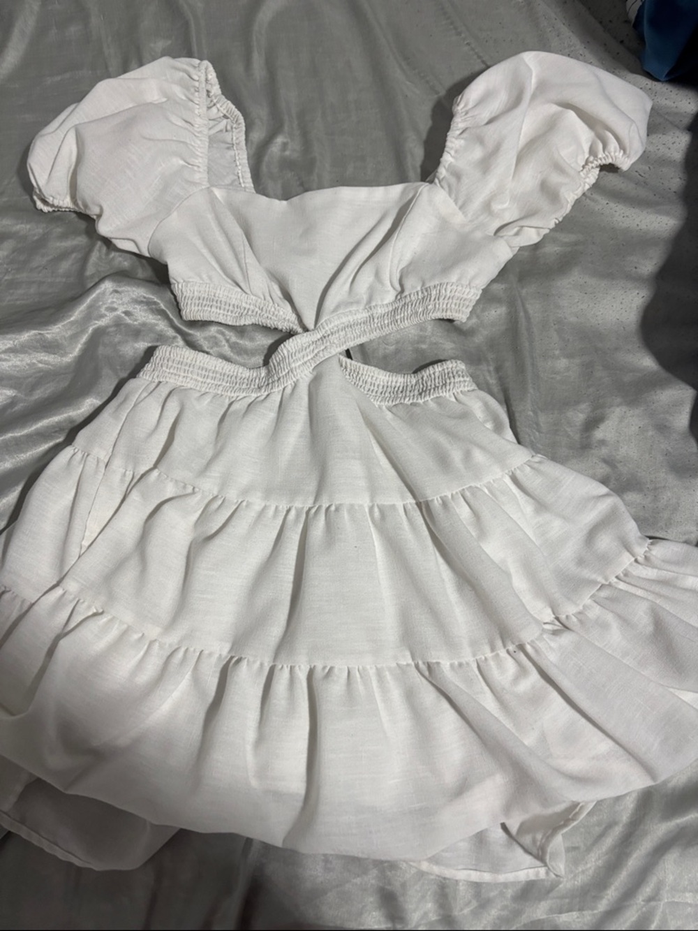 Altar’D State White Puff-Sleeve Women’s  Tiered Dress with Cutout Waist
